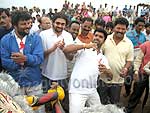 Film actors cheering the runners