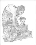 Line sketch of children learning alphabets