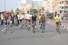 Cyclers in Vehicle Free Zone at Beach Road.