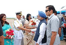 Prime Minister welcomed by Flag Officer Commanding in Chief.